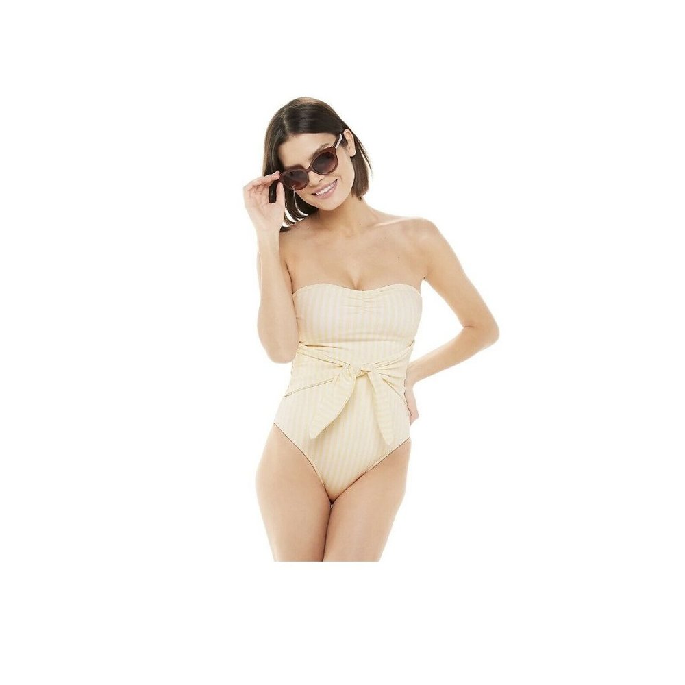 WeWoreWhat Strapless One-Piece Swimsuit in Cream Pinstripe